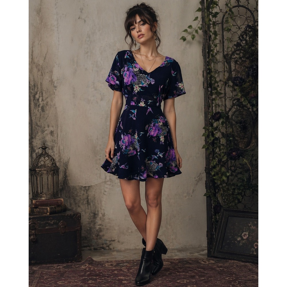 Yumi Bird Babydoll Dress Large Blue Indie Whimsigoth Fairy Lace Sides Tie Back